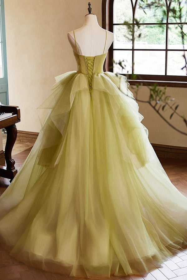 Wholesale Green Ruffle Long A-Line Prom Dresses Spaghetti Straps Backless Evening Dresses